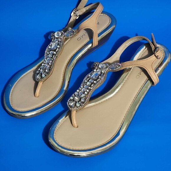 Andiamo Neutral Gold-Trim Bejeweled Thong Heeled Sandals 8.5 Wide - Picture 1 of 7